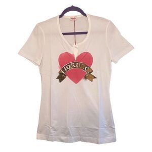 FIORUCCI Heart Graphic Tee Gray Cotton Knit Split Scoop Neck Short Sleeve L